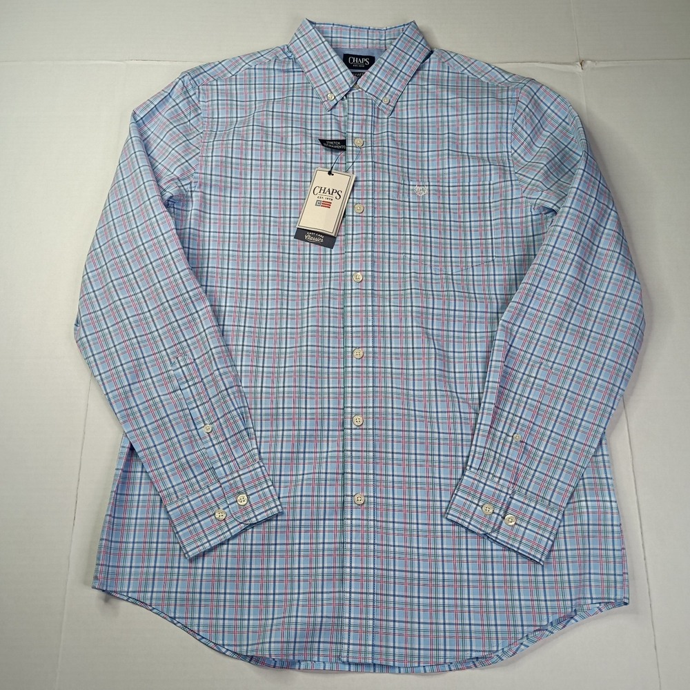 Chaps‎ Easy Care Woven Shirt Men's Size M Blue Bell Plaid Stretch Classic Fit